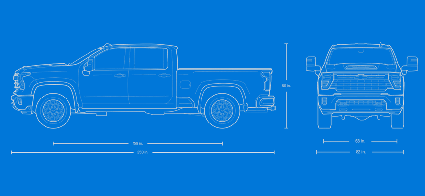 Blueprint drawing of the Silverado 2500 HD Crew Cab with side and front dimensions