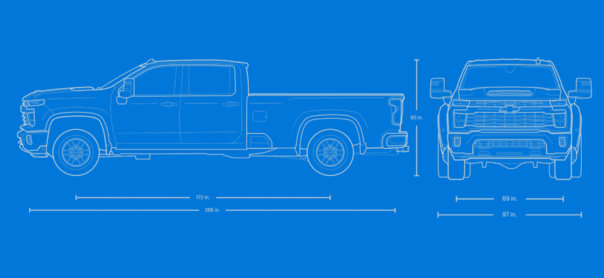 Blueprint drawing of the Silverado 3500 HD Crew Cab dual rear wheel with side and front dimensions