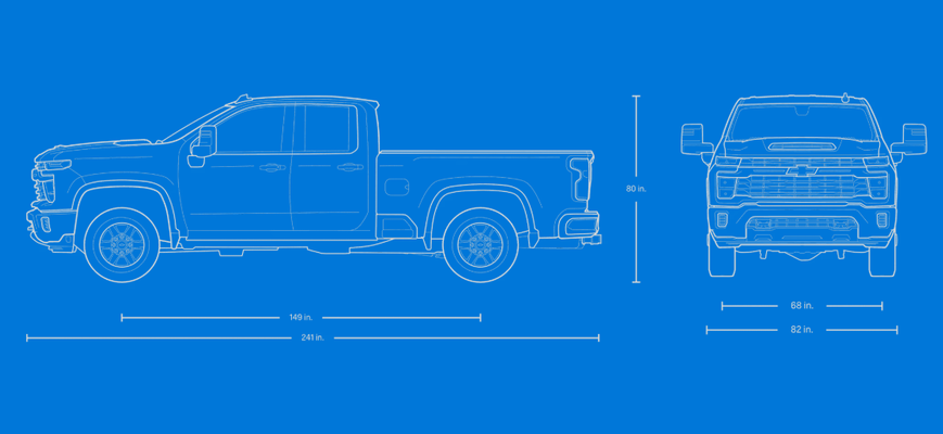 Blueprint drawing of the Silverado 2500 HD Double Cab with side and front dimensions