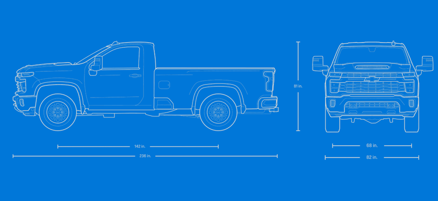 Blueprint drawing of the Silverado 2500 HD Regular Cab with side and front dimensions