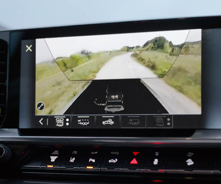 Chevrolet Silverado HD center touchscreen showing a camera view of a dirt road