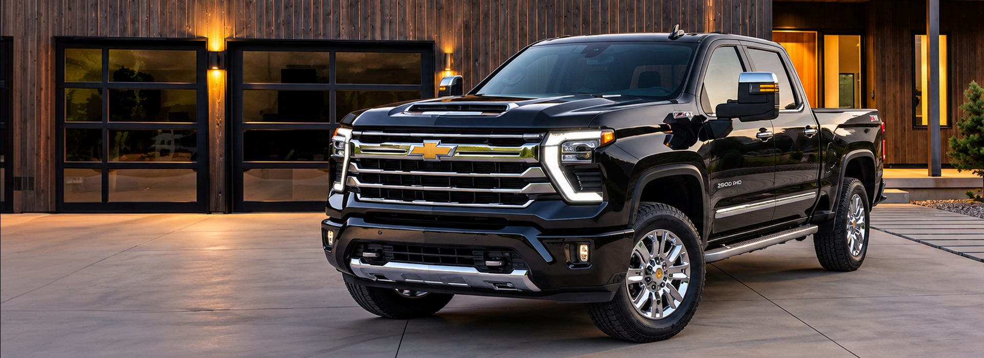 Black 2026 Chevrolet Silverado HD parked in front of a wood-paneled house at dusk
