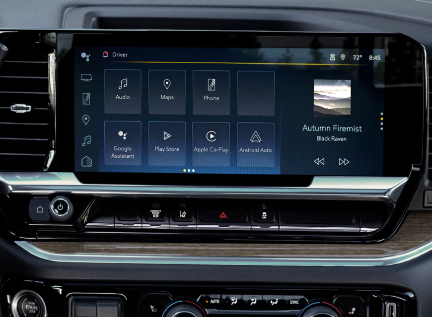 Chevrolet Silverado HD 13.4-inch touchscreen showing the Google built-in home screen