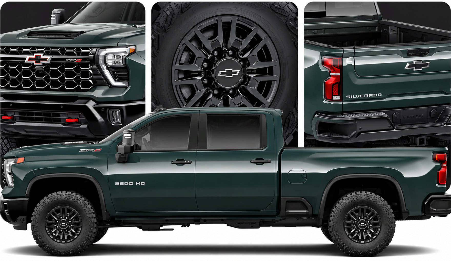 Close-ups of the Silverado HD ZR2 grille, black wheel and tailgate above the green 2500 HD in profile
