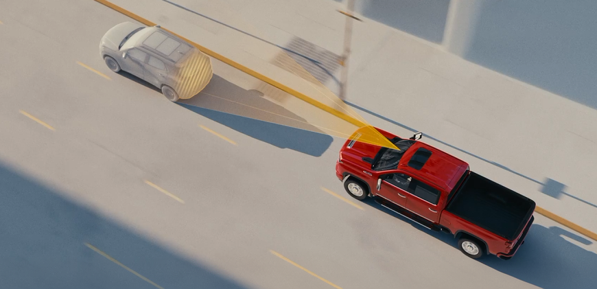 Overhead view of a red Chevrolet Silverado HD following a car with the following gap highlighted