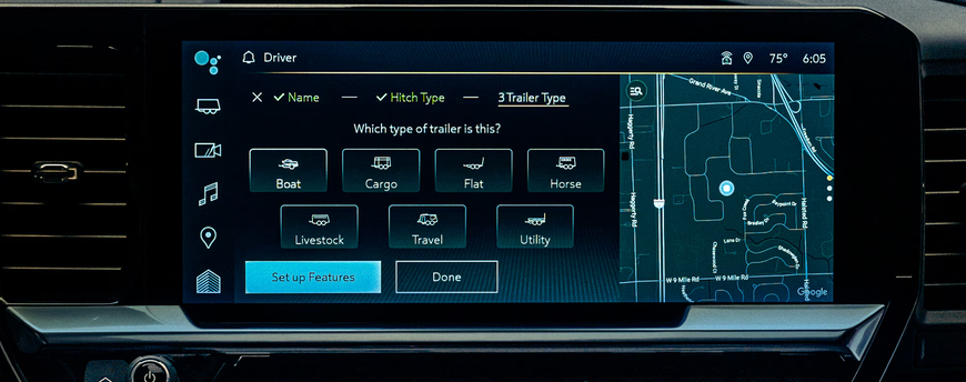 Silverado touchscreen showing the In-Vehicle Trailering App trailer type selection