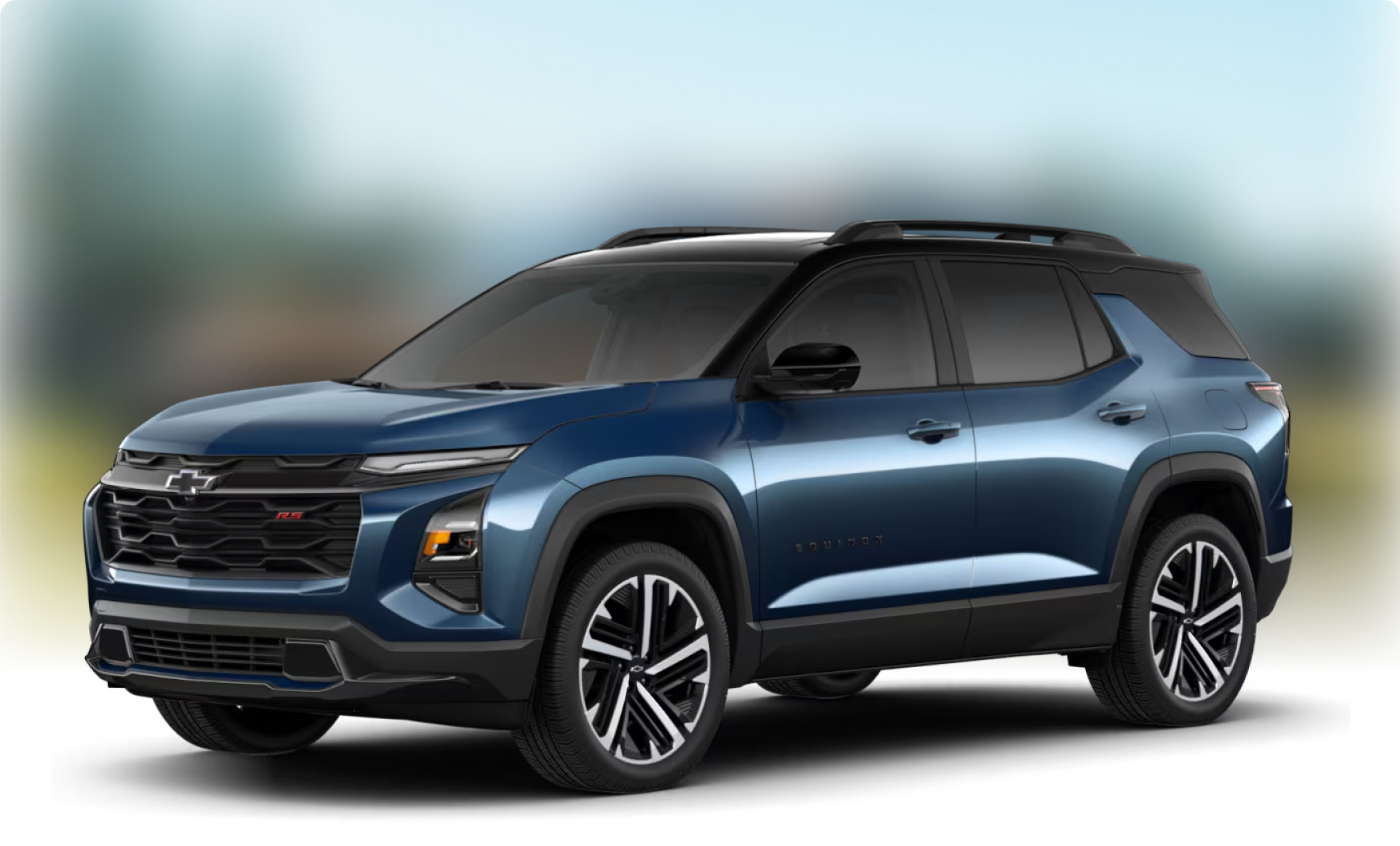 Blue 2027 Chevrolet Equinox RS in front of a soft-focus outdoor backdrop