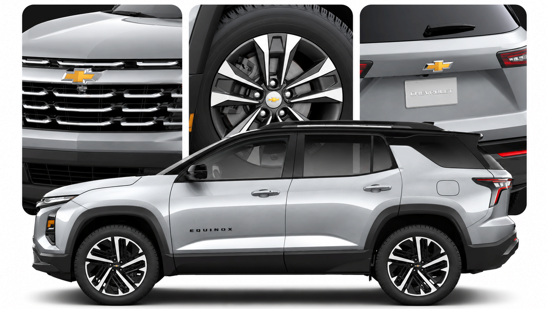 Close-ups of the 2027 Chevrolet Equinox grille, wheel and rear badge above a silver Equinox in profile