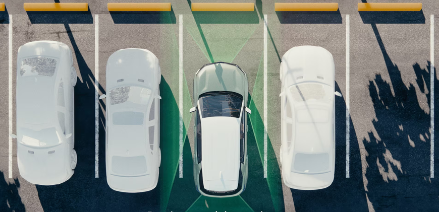 Overhead view of a white Chevrolet Equinox parked between cars with HD Surround Vision guidelines