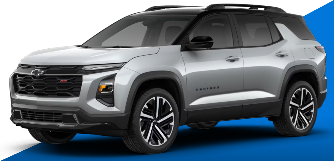 Silver 2027 Chevrolet Equinox in front of a blue graphic accent
