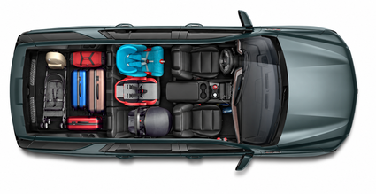 Overhead cutaway of a Chevrolet Tahoe loaded with car seats, coolers and family gear