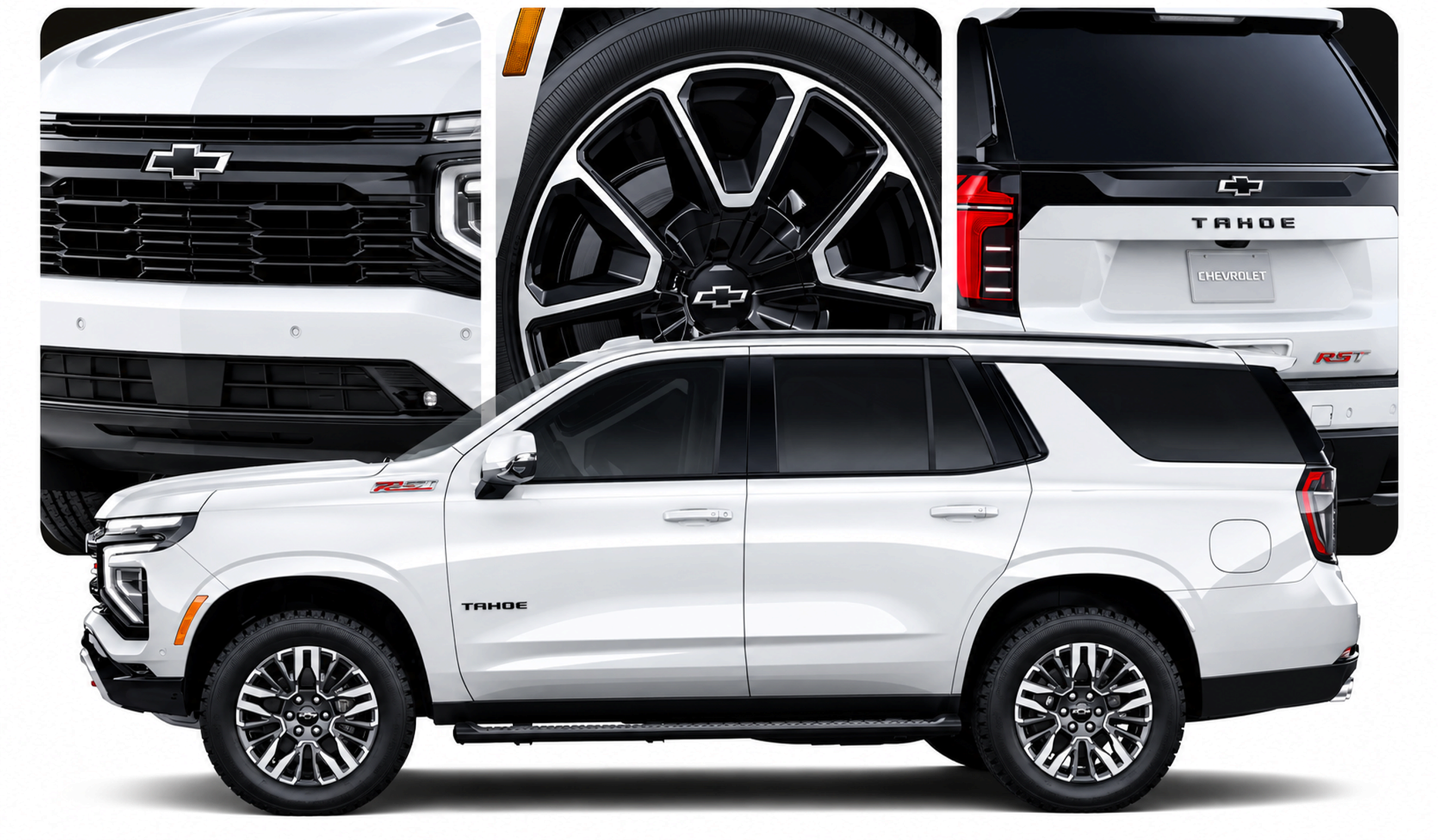 Close-ups of the 2027 Chevrolet Tahoe grille, wheel and rear TAHOE badge above a white Tahoe RST in profile
