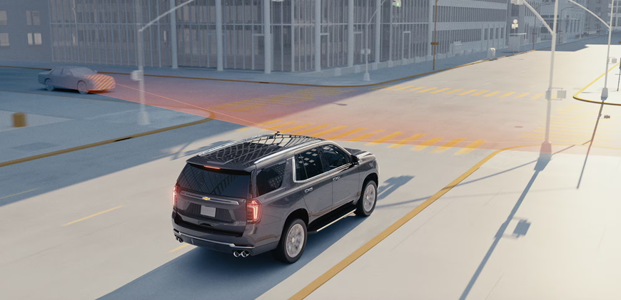 Overhead view of a Chevrolet Tahoe crossing an intersection with a highlighted detection zone