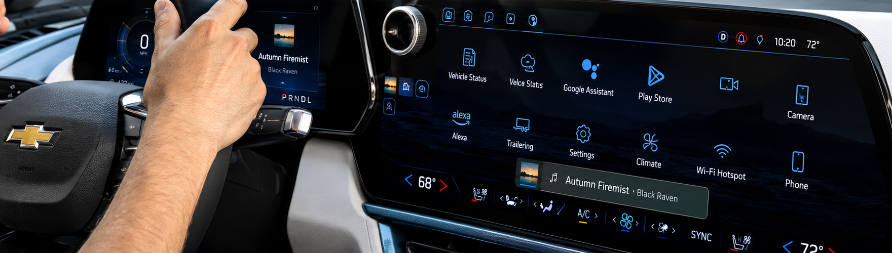Driver tapping an app on the Google built-in home screen of the Chevrolet Tahoe center display