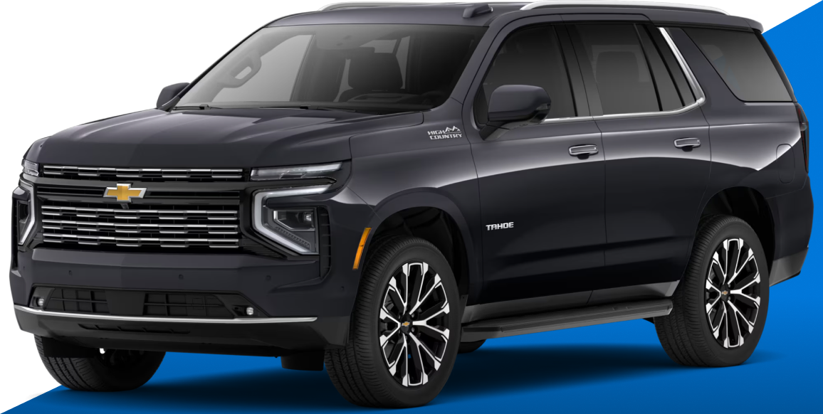Black 2027 Chevrolet Tahoe in front of a blue graphic accent