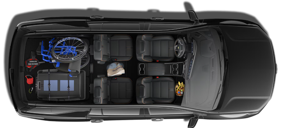 Overhead cutaway of a Chevrolet Traverse carrying mobility equipment and bags