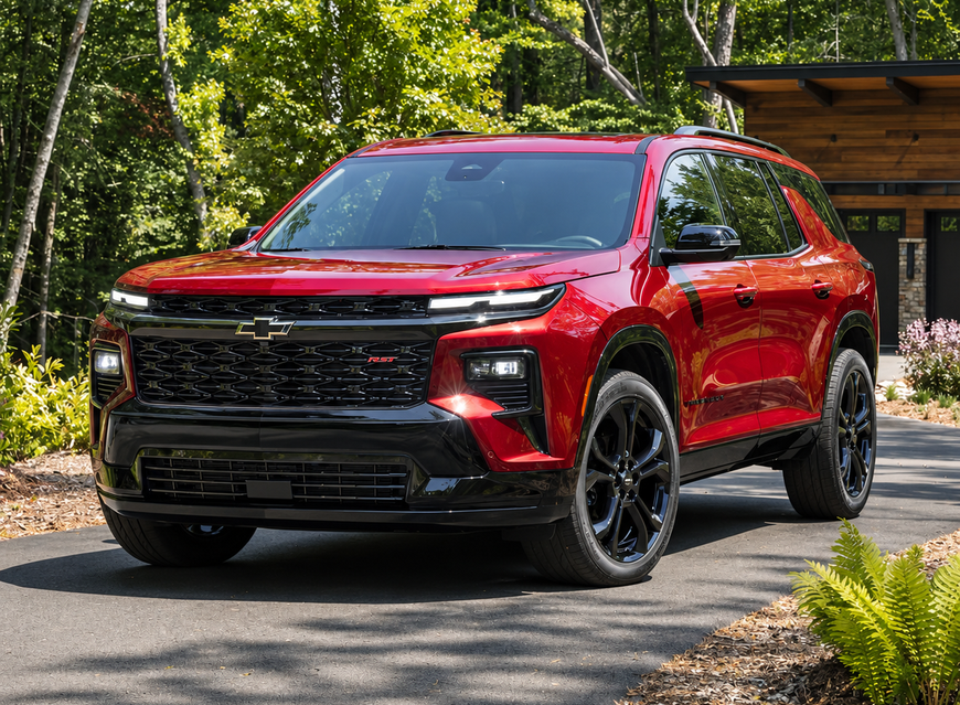 Red Chevrolet Traverse RS parked in front of a modern building