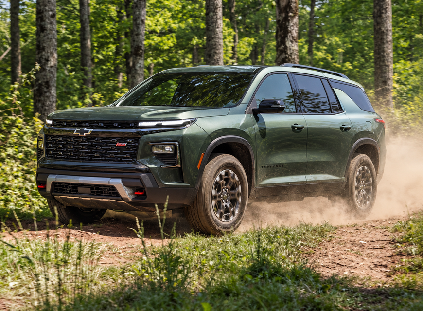 Green Chevrolet Traverse Z71 kicking up dust on a forest trail