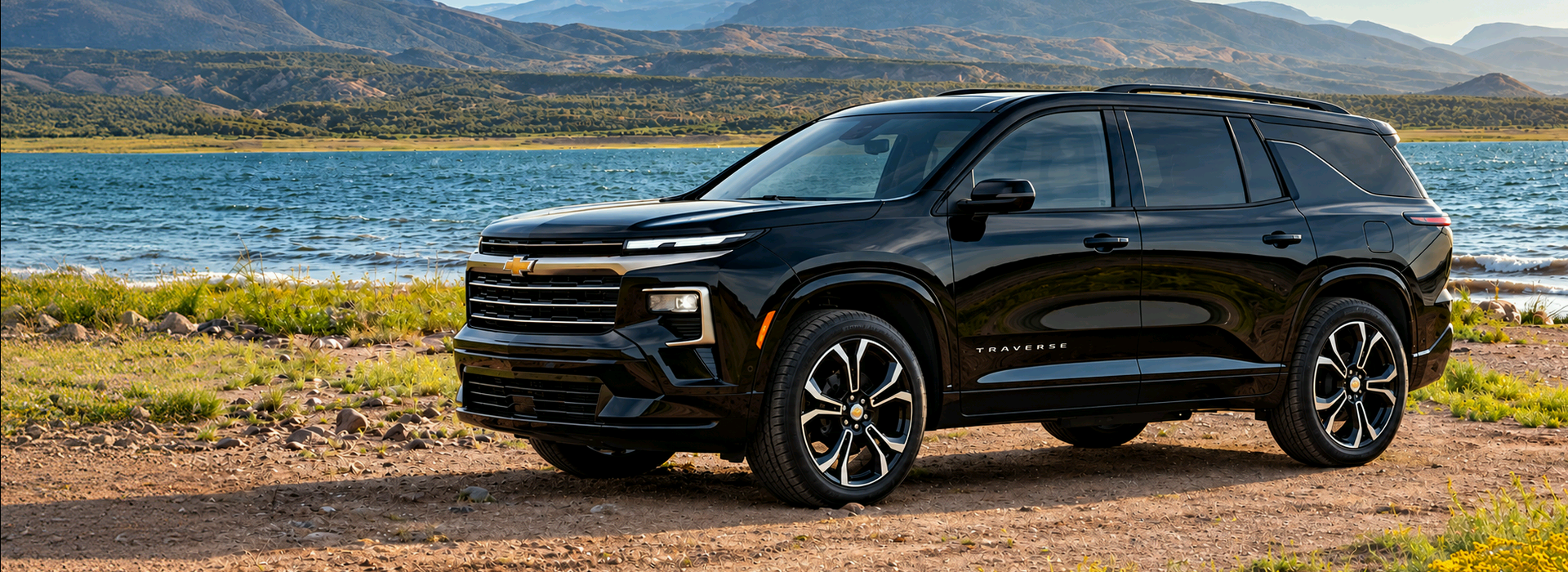 Black 2027 Chevrolet Traverse parked on a dirt shoreline beside a mountain lake