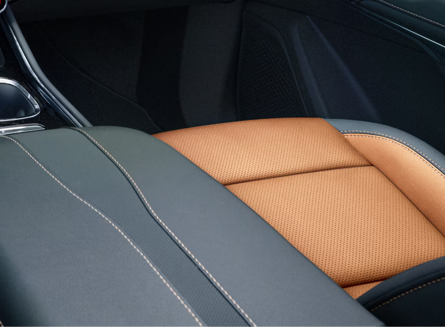 Close-up of a Chevrolet Traverse front seat in the Oregon interior color