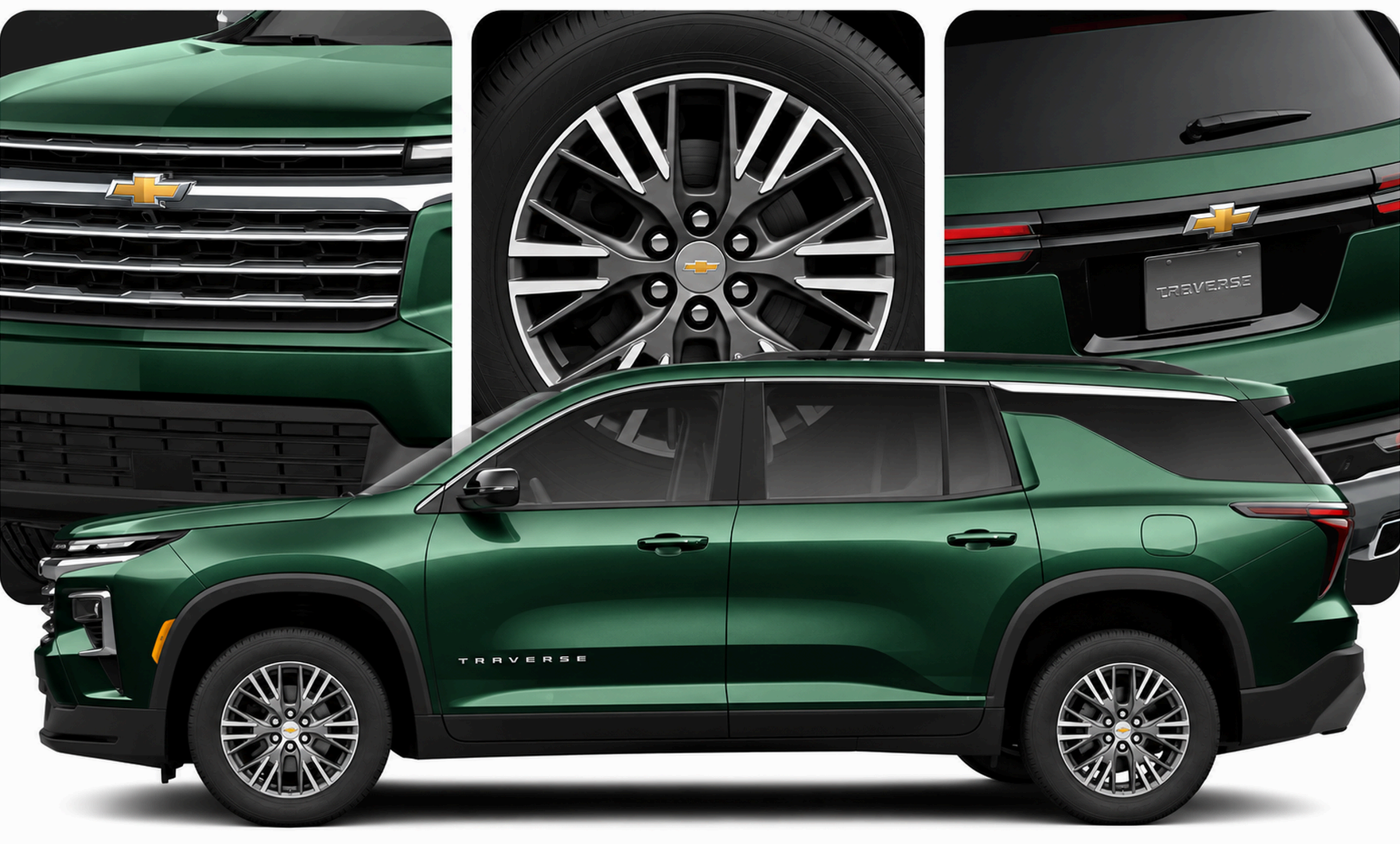 Close-ups of the green 2027 Chevrolet Traverse grille, wheel and rear badge above the Traverse in profile