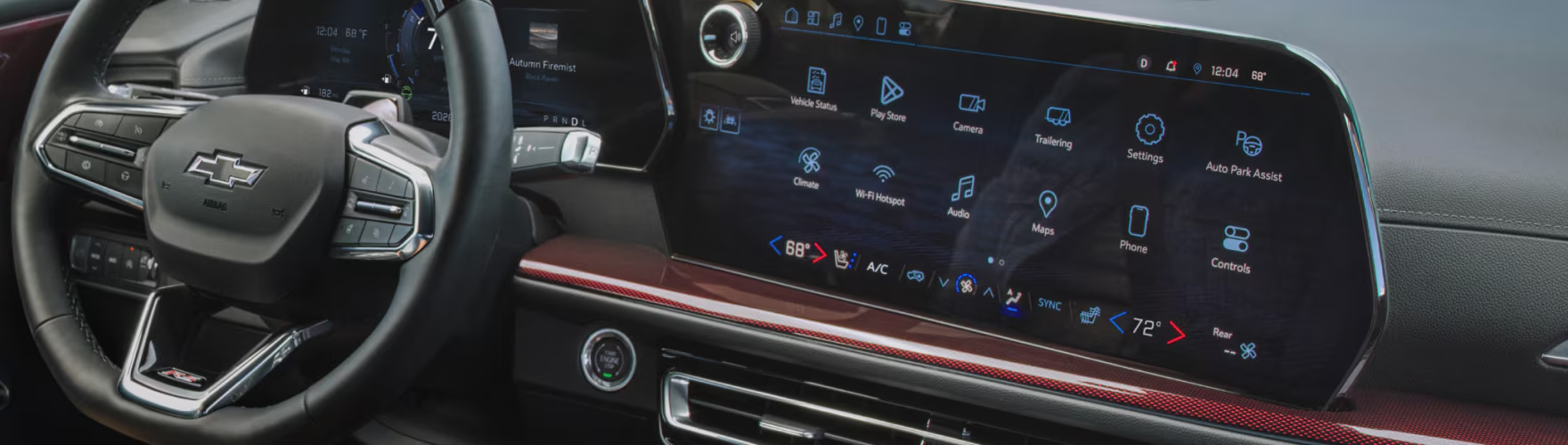 Chevrolet Traverse steering wheel in front of the driver display and center touchscreen