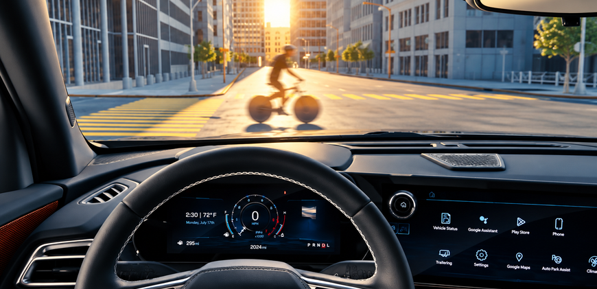 Driver's view of a bicyclist crossing the street ahead of a Chevrolet Traverse