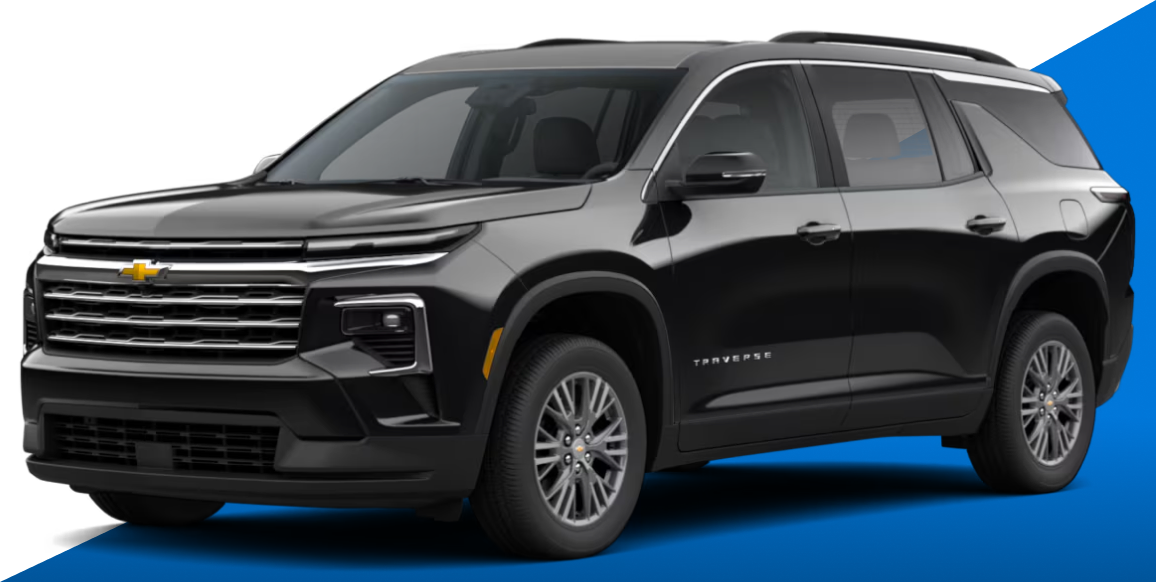 Black 2027 Chevrolet Traverse in front of a blue graphic accent