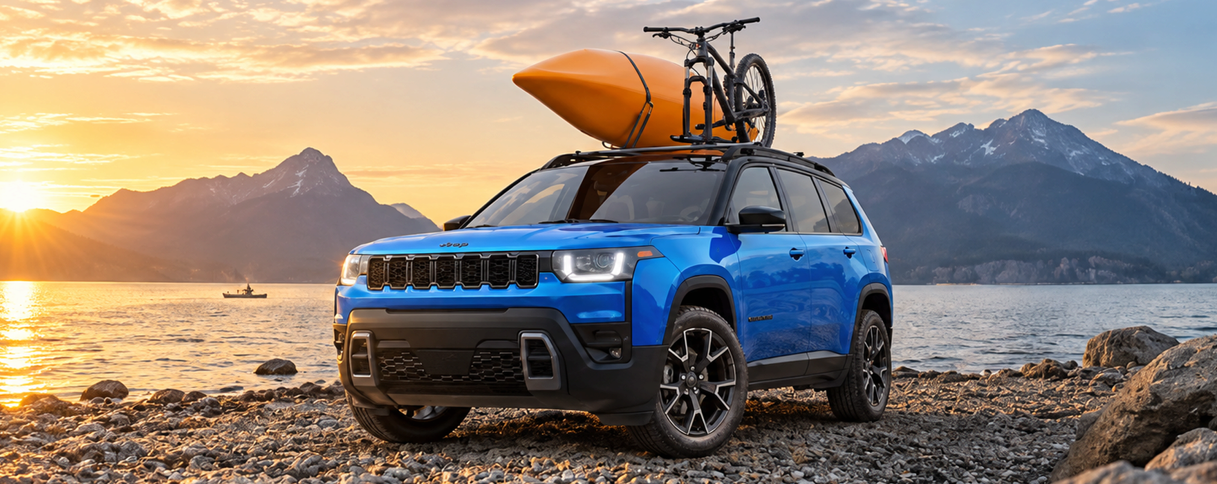 Blue 2027 Jeep Cherokee with a kayak and bike on the roof, parked on a lakeshore at sunset