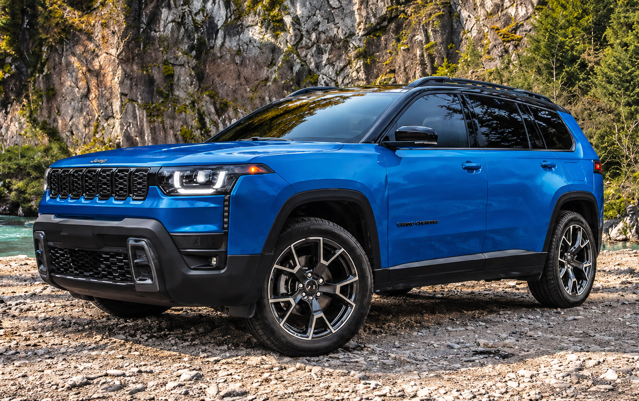Blue 2027 Jeep Cherokee on a rocky riverbank