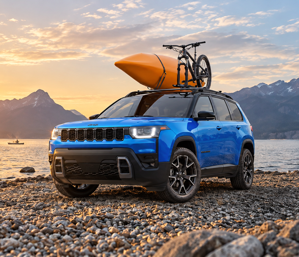 Blue 2027 Jeep Cherokee carrying a kayak and bike on a lakeshore at sunset