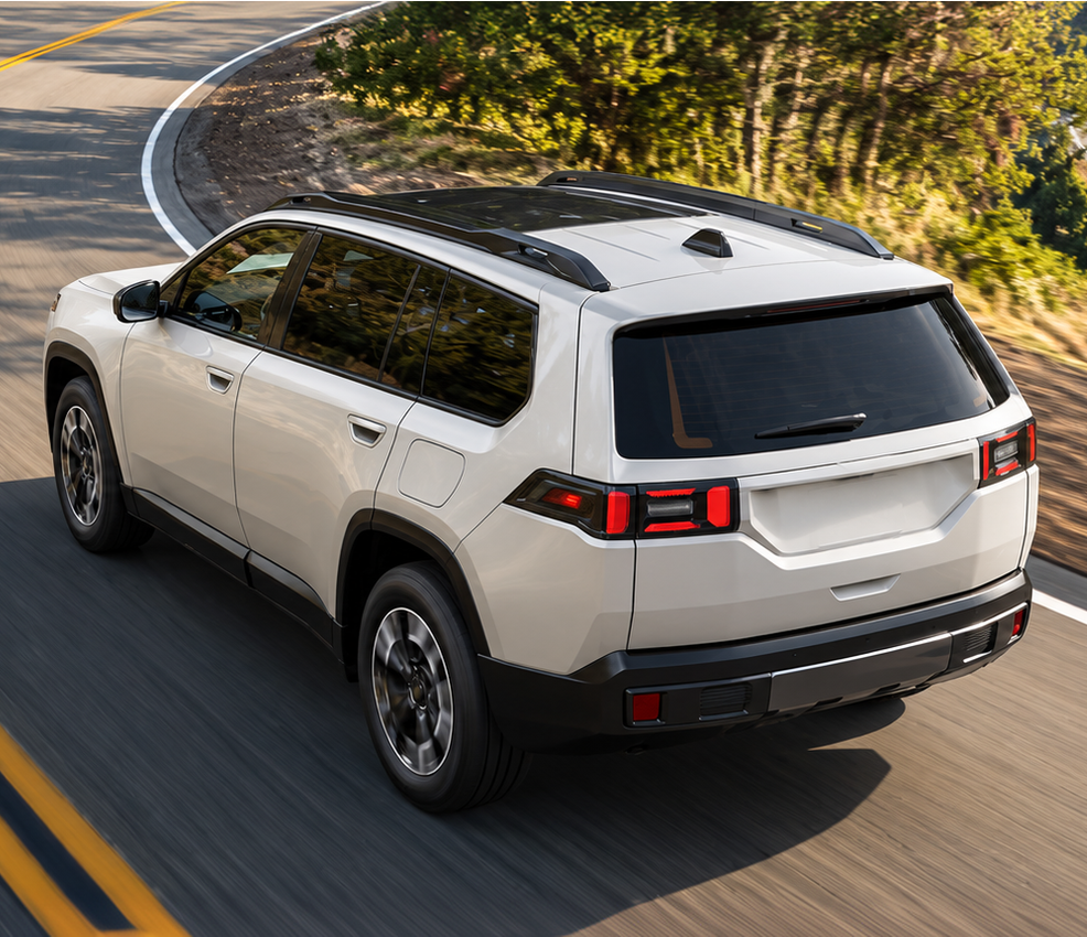 Rear view of a white 2027 Jeep Cherokee on a curving road