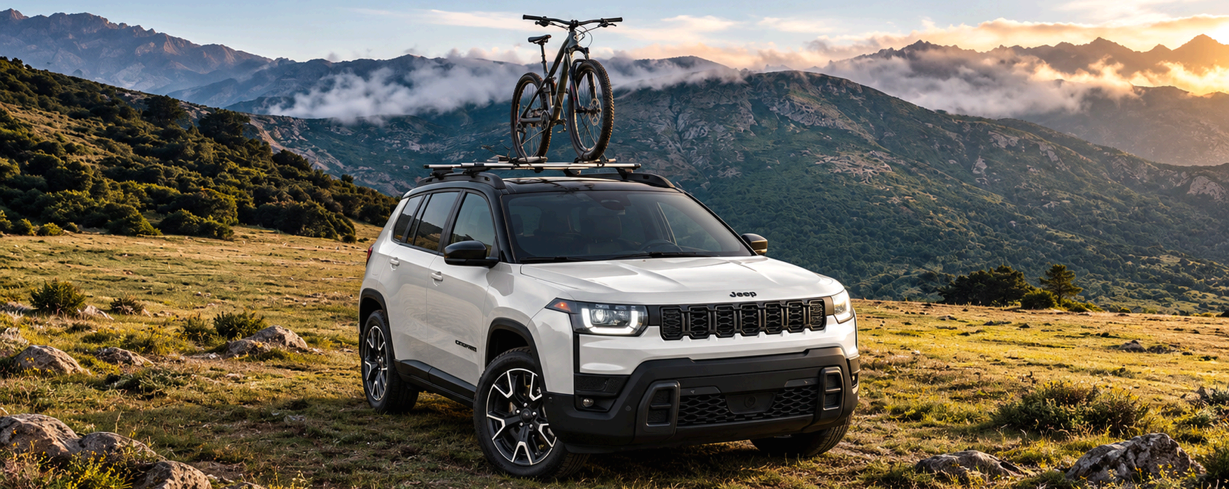 White 2027 Jeep Cherokee with a bike on its roof rack in a mountain meadow