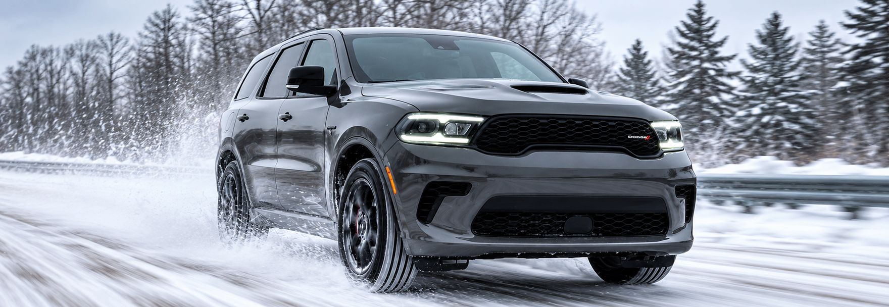 Gray Dodge Durango driving through snow on a winter road