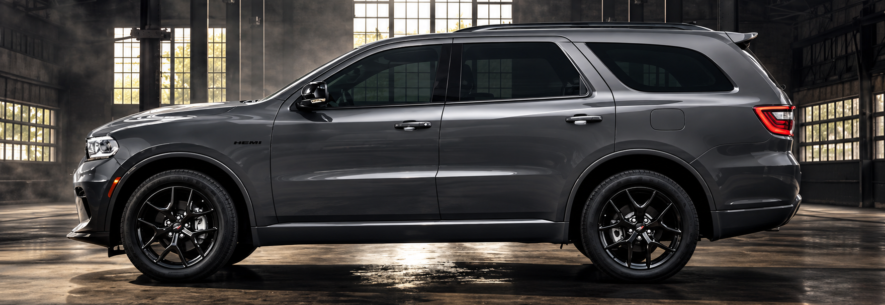 Side profile of a gray Dodge Durango in a dim industrial warehouse