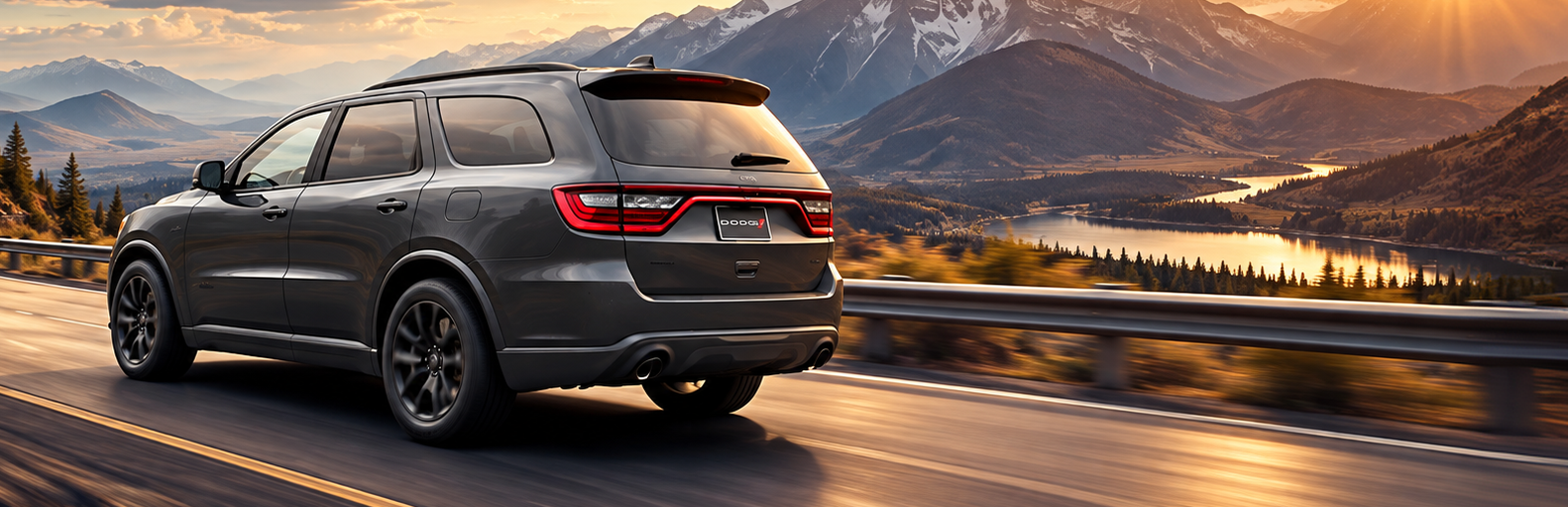 Gray Dodge Durango driving along a mountain highway at sunset