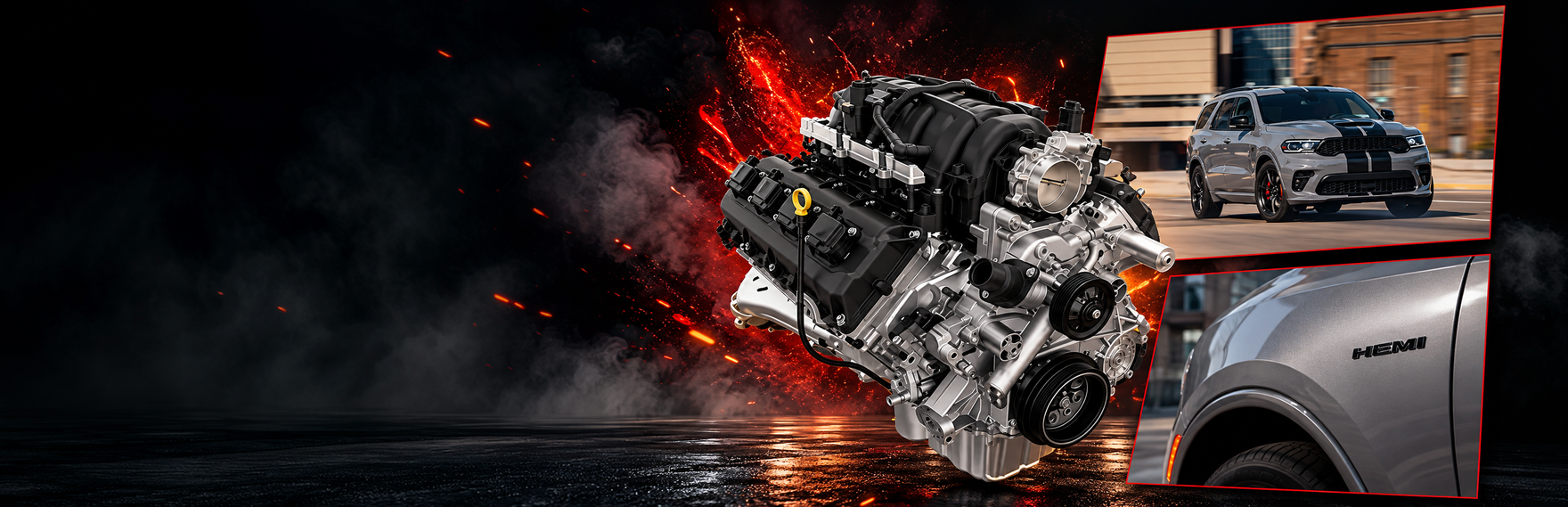 5.7L HEMI V8 engine beside a gray Dodge Durango and its HEMI fender badge