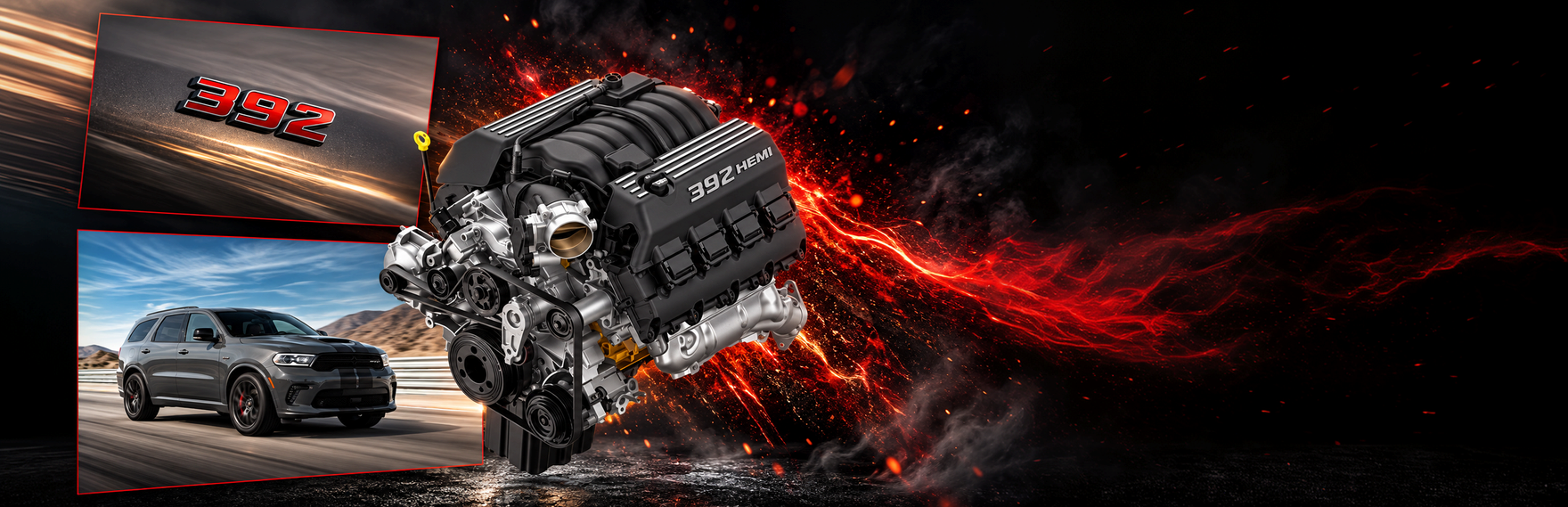 6.4L HEMI V8 engine beside a 392 badge and a gray Dodge Durango R/T 392