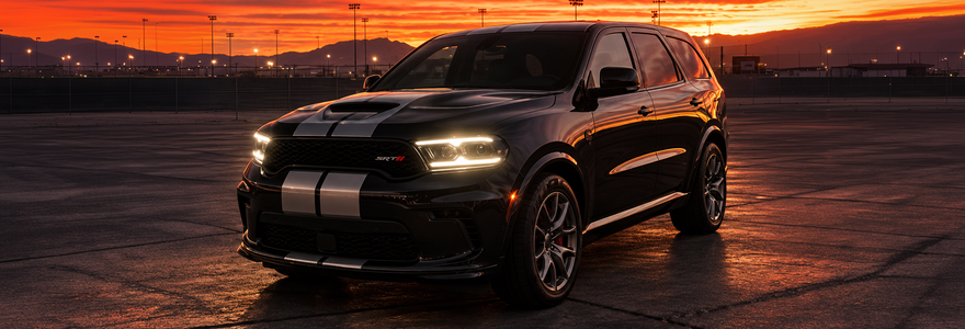 Black Dodge Durango with silver racing stripes and its headlights on at sunset