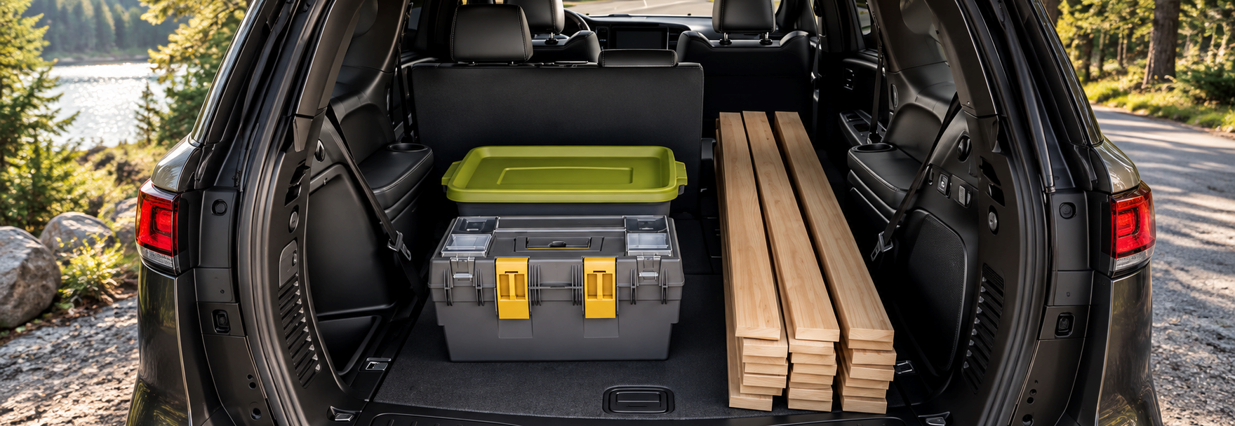 Open liftgate of a Dodge Durango with a toolbox, storage bin and lumber in the cargo area