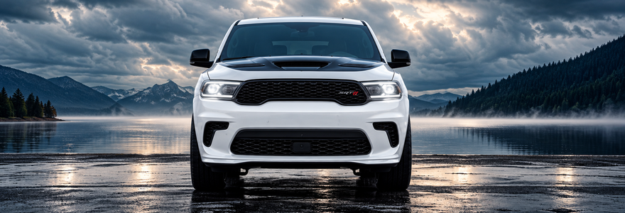 White Dodge Durango with its LED headlights on, parked beside a mountain lake