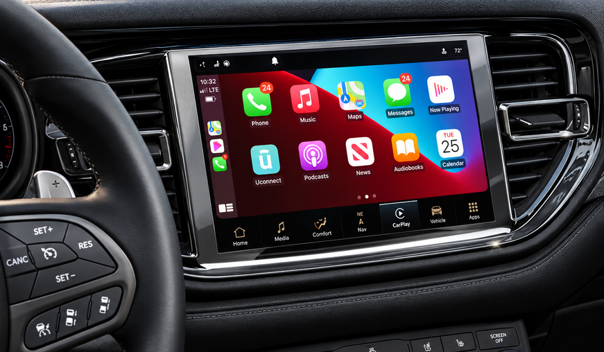 Uconnect touchscreen displaying Apple CarPlay apps
