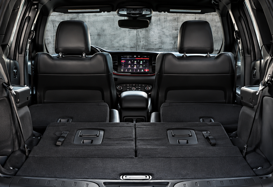 Dodge Durango interior with the rear seats folded flat for maximum cargo space