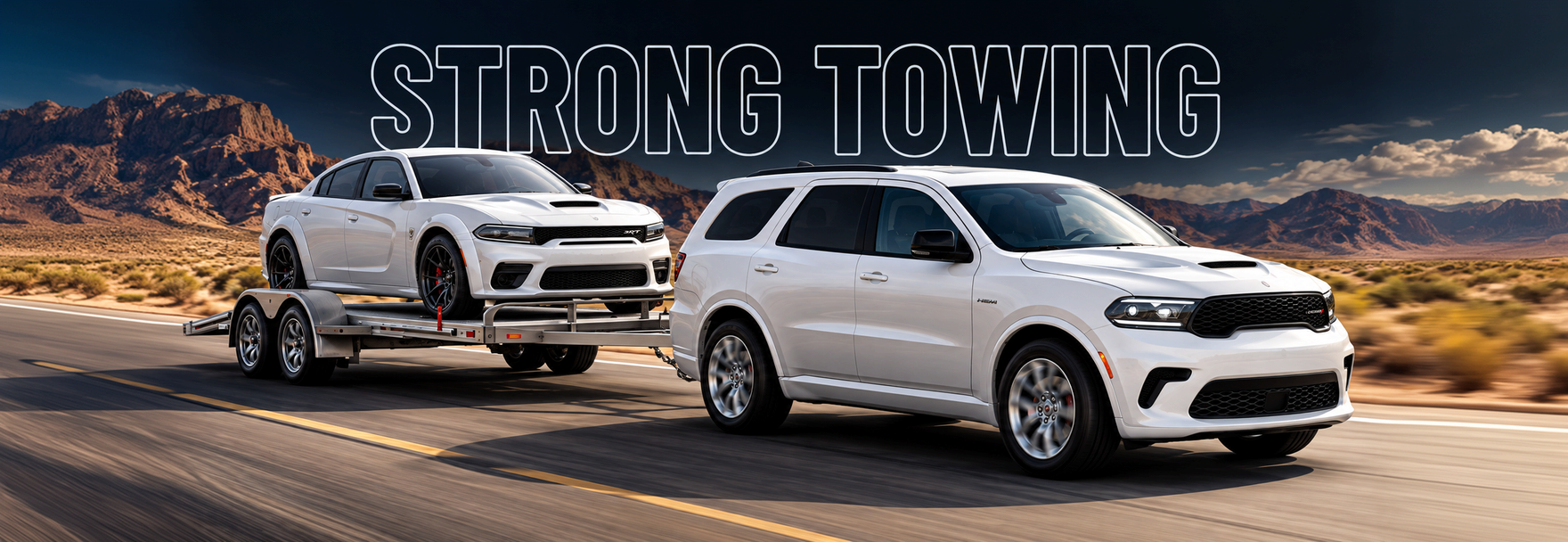 White Dodge Durango towing a Dodge muscle car on a flatbed trailer beneath the words Strong Towing