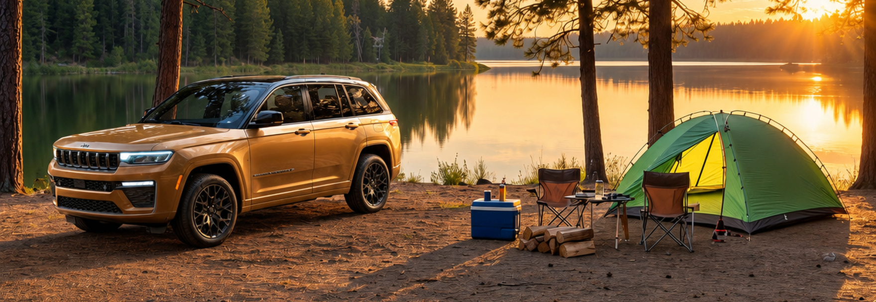 Copper 2027 Jeep Grand Cherokee parked at a lakeside campsite with a tent and chairs at sunset