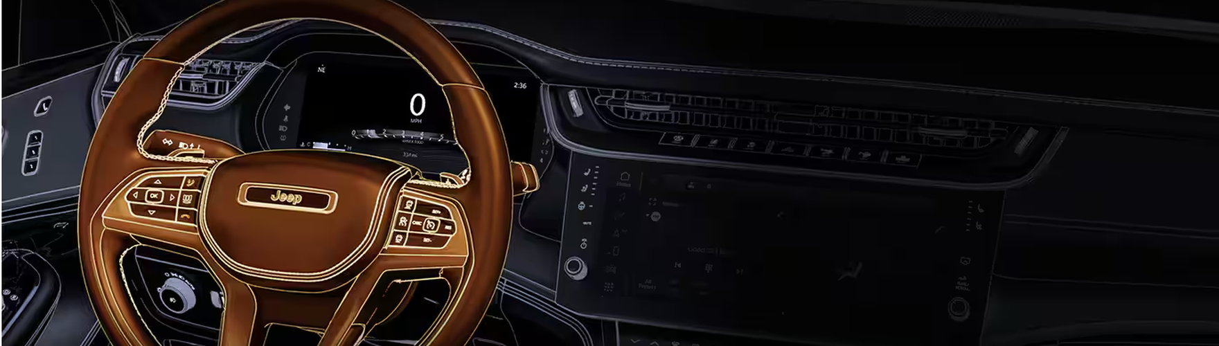 Grand Cherokee steering wheel and digital cluster shown in a technical outline