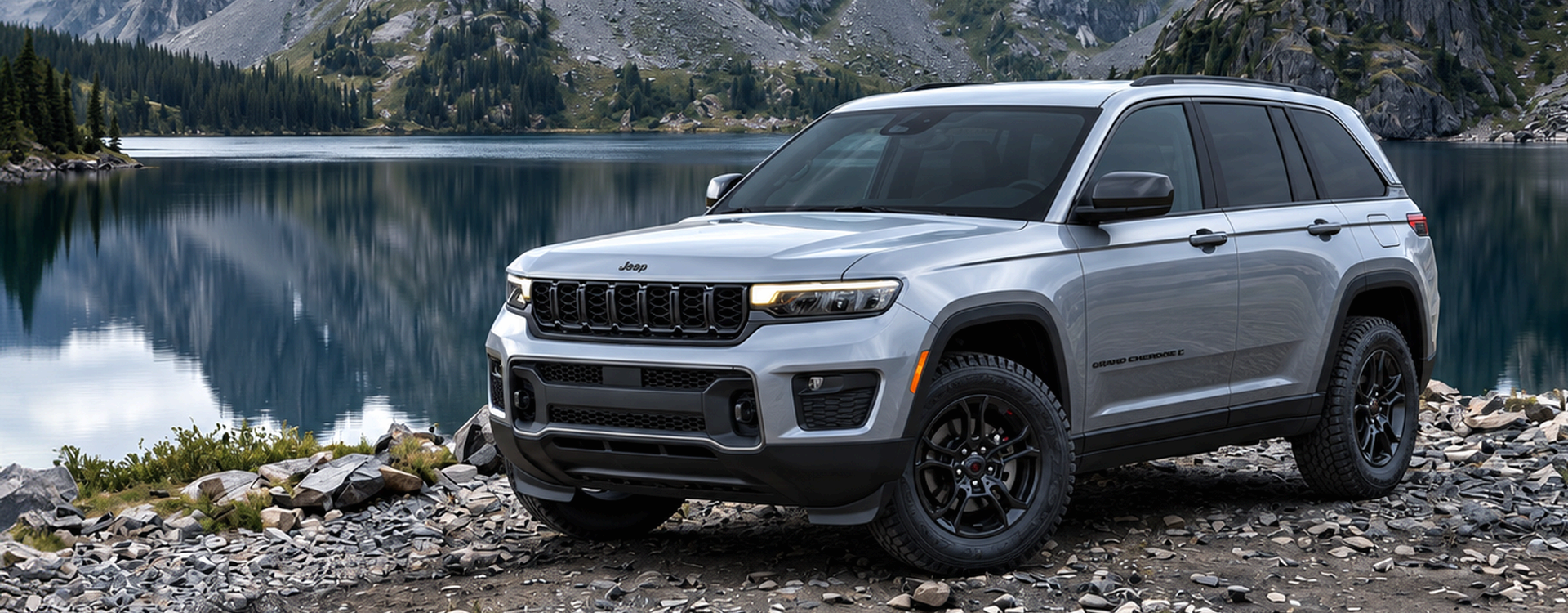 Silver 2027 Jeep Grand Cherokee parked on a rocky shore beside a mountain lake