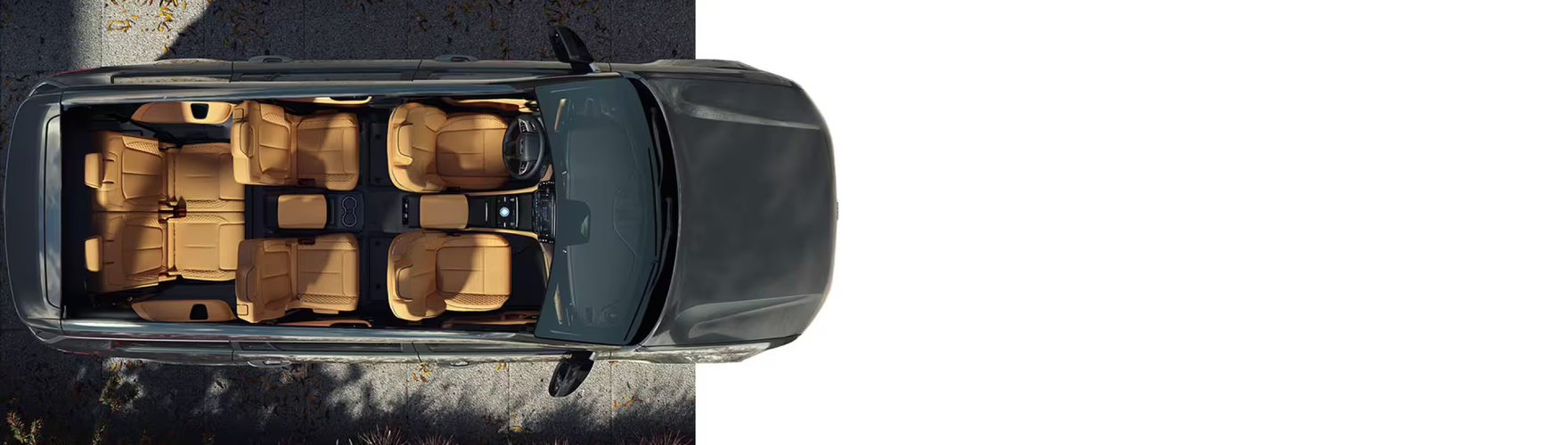 Overhead view of a Grand Cherokee L showing three rows of tan seats