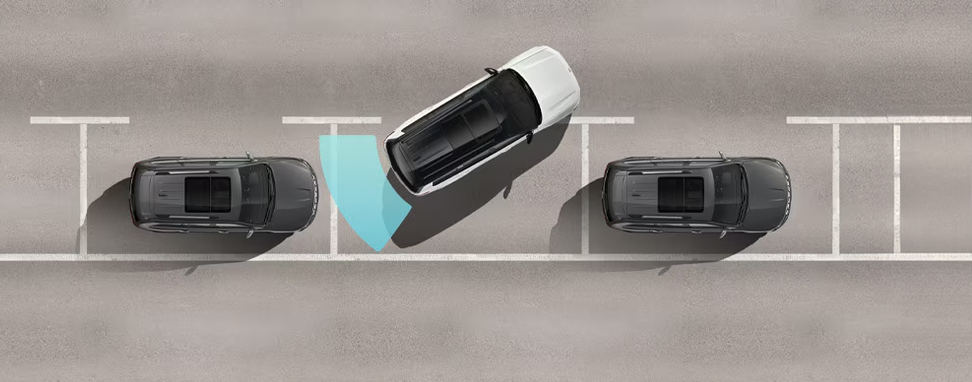 Overhead illustration of a Grand Cherokee reversing into a parking space with a rear sensor beam