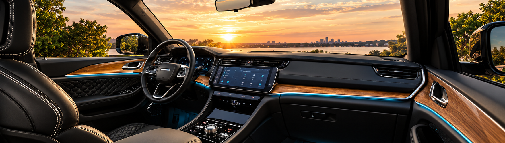 Grand Cherokee cabin with the 12.3-inch Uconnect touchscreen and a sunset through the windshield